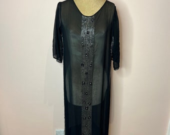 A vintage 1920's beaded silk chiffon dress, art deco beaded silk dress. UK 10 - 12