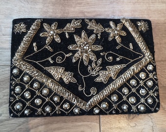 Vintage 1930&#39;s black velvet Zardozi evening purse with gold embroidery and pearl embellishment. Made in India