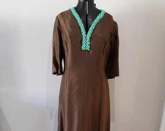 1960's maxi dress, 60's long dress with turquoise beading. UK 16