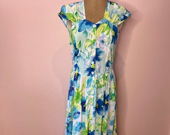 Vintage 1990's or 80's floral dress, 90's shirt dress, button front midi dress, UK 8