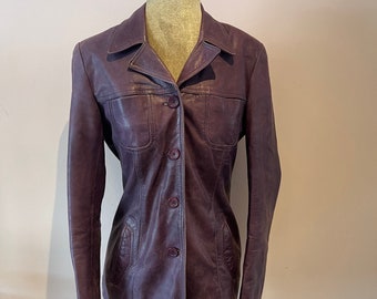 Vintage Y2K Oakwood aubergine leather jacket, fitted leather jacket, leather blazer. UK 8