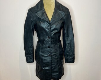 Y2K ブラック本革トレンチコート - 90年代モトダスター - Etsy 日本