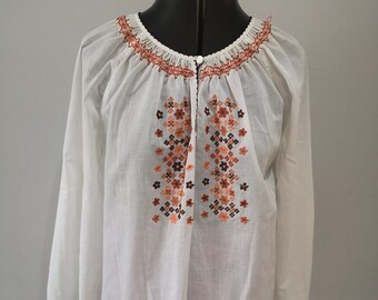 Vintage one of a kind floral embroidered cotton white peasant long sleeve blouse women/'s size medium