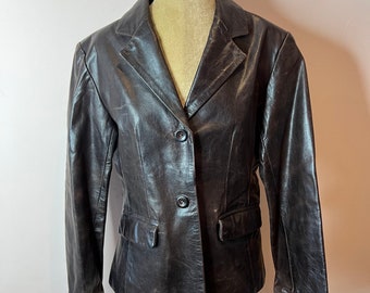 Vintage 90&#39;s or Y2K Aviatrix leather blazer, dark brown fitted leather jacket. UK 10