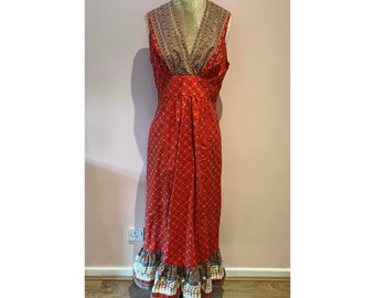 Vintage 70's cotton maxi dress, 70's red maxi dress. UK 12