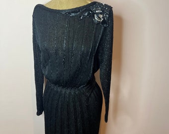 Vintage 70's or 80's Mary Farrin knitted evening dress, beaded evening dress with cowl back. UK 10 - 14