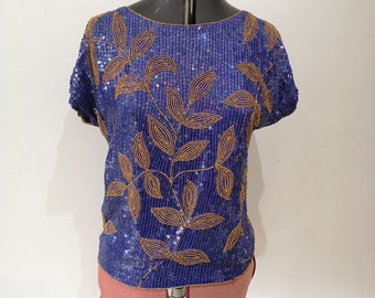 Vintage silk sequin top, Bella 70's or 80's Indian silk sequin top. UK 12 - 14