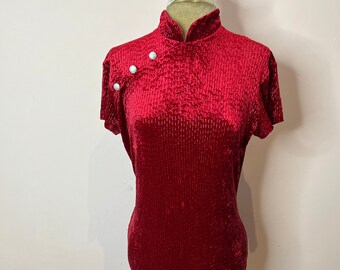 Vintage red velvet cheongsam dress. Aqua by Shirley Wong, red velvet dress. UK 14
