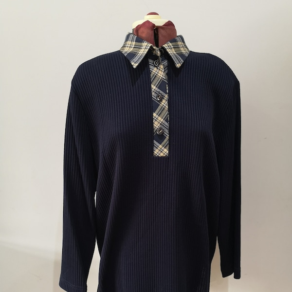 Vintage 1980's Mark Wald ribbed sweater, long sleeved ribbed polo shirt, plus size, navy ribbed t shirt, UK 16 - 18