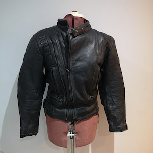 Vintage black leather motorcycle jacket, HEROS biker jacket, Heia, UK 10