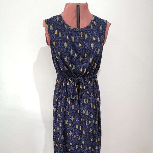 1990's drawstring dress, paisley dress, crinkle fabric dress, navy midi dress. One Size