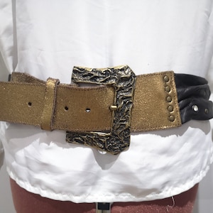 Vintage leather black and gold belt, studded belt, large gold metal buckle, bronze belt.