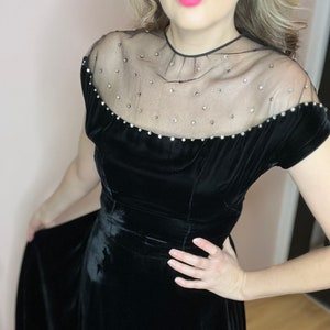 Vintage 1950&#39;s or 60&#39;s long velvet dress with diamantes. Velvet ballgown. UK 8