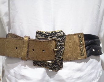 Vintage leather black and gold belt, studded belt, large gold metal buckle, bronze belt.