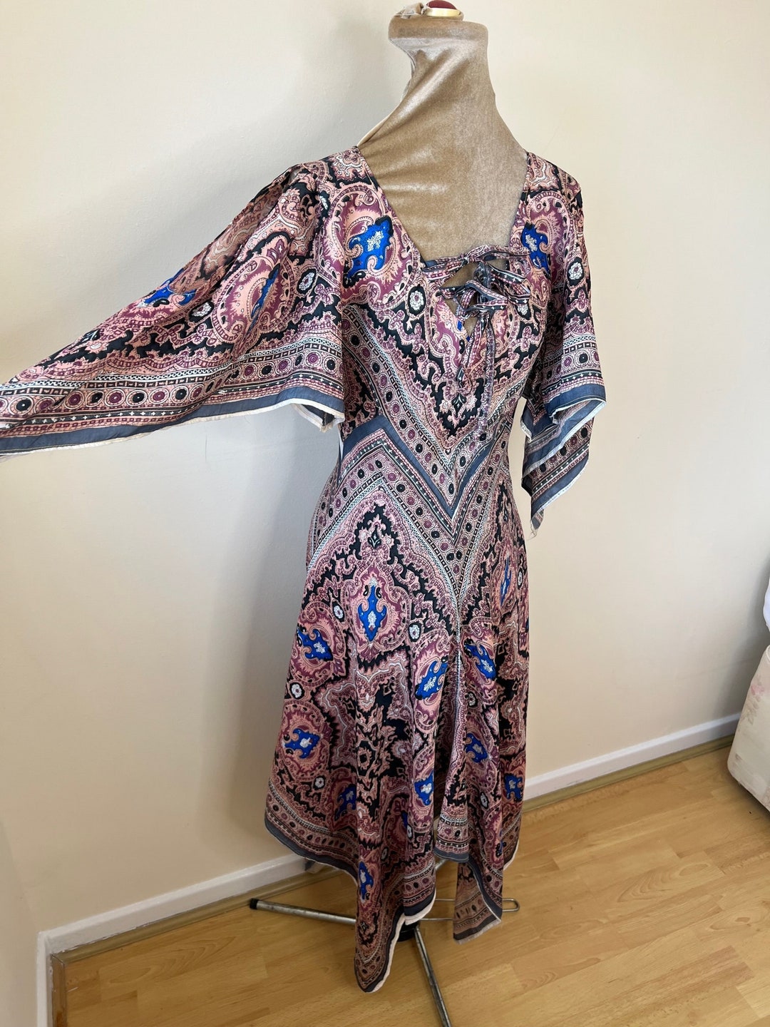 Vintage 1970's Block Print Scarf Dress Yashaw Paisley Etsy