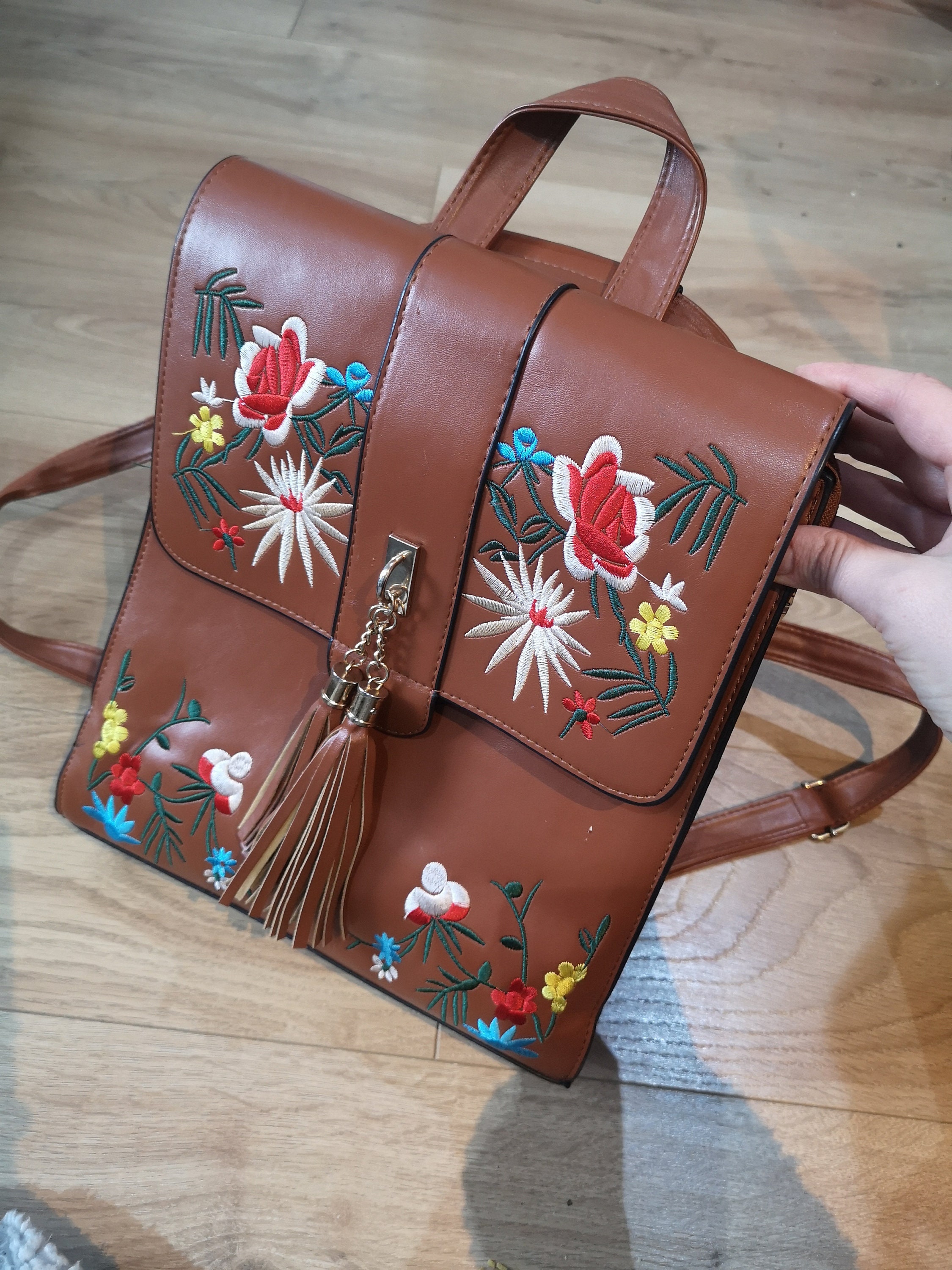 A vintage faux leather embroidered backpack embroidered folk Etsy