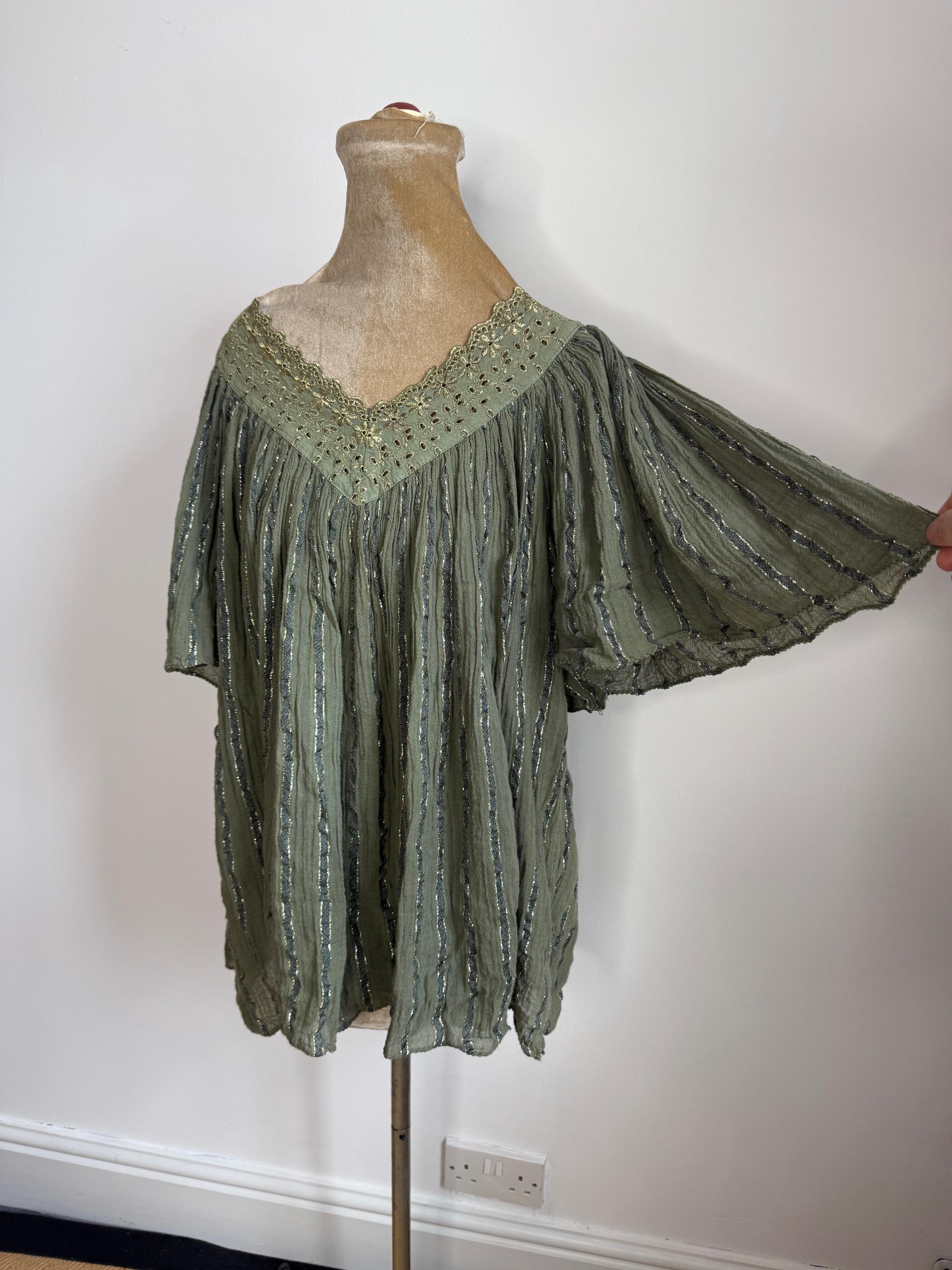 Boho green cheesecloth top with angel wing sleeves. One Size
