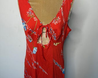 70s long red floral dress, Mary Ann keyhole summer dress. UK 10