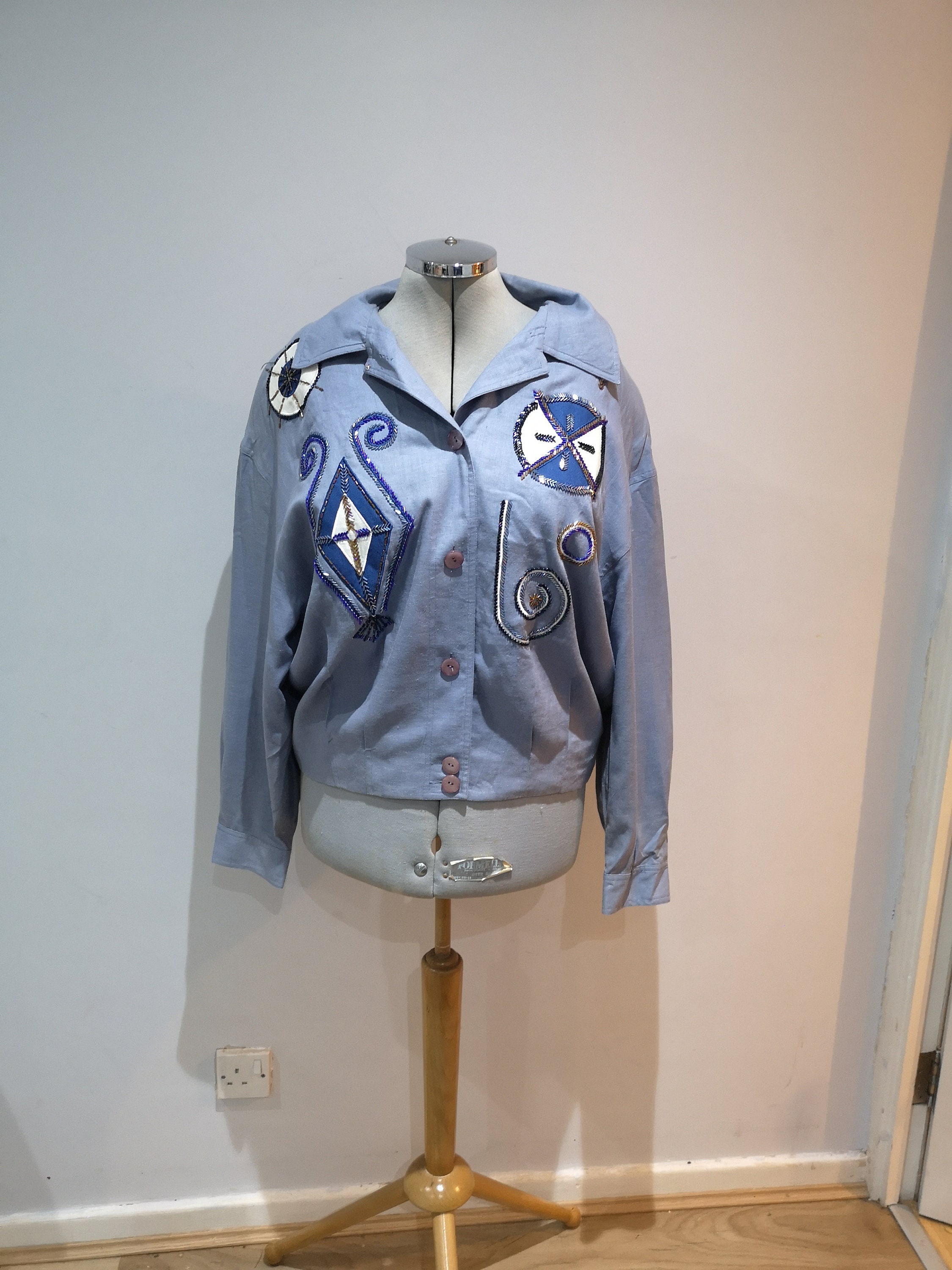 Image of A Vintage Denim Blue Linen Bomber Jacket, Beaded Embellished Shirt, Nautical Size Large