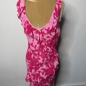 Y2K pink floral frilled dress, Y2K bias cut summer midi dress. UK 10