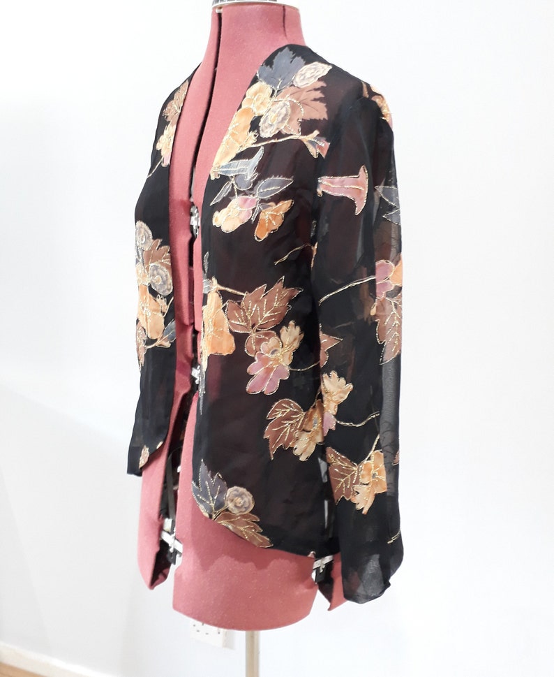 Black sheer jacket cover up vintage gold thread floral Etsy