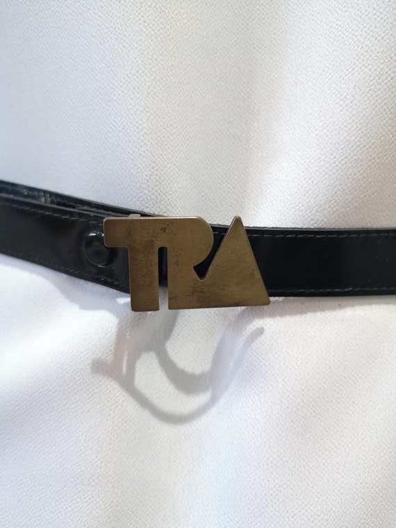 Vintage Black Patent Leather Belt, Metal Belt, Gold Metal  display picture 2
