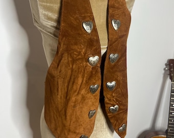 Tan leather waistcoat with metal heart decorative buttons. UK Small