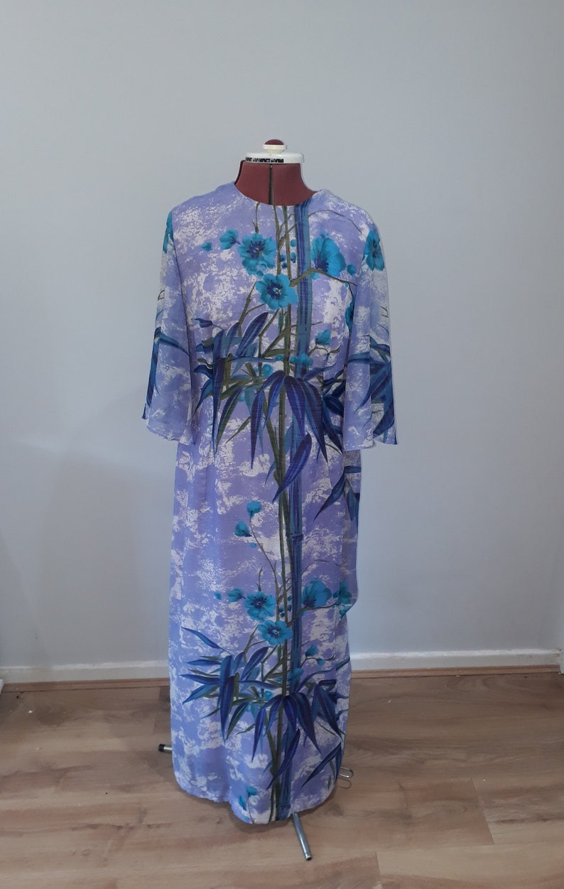 1960's Vintage dress maxi dress oriental dress oriental print bamboo print long shift dress blue dress 60's dress UK Size 14 image 2