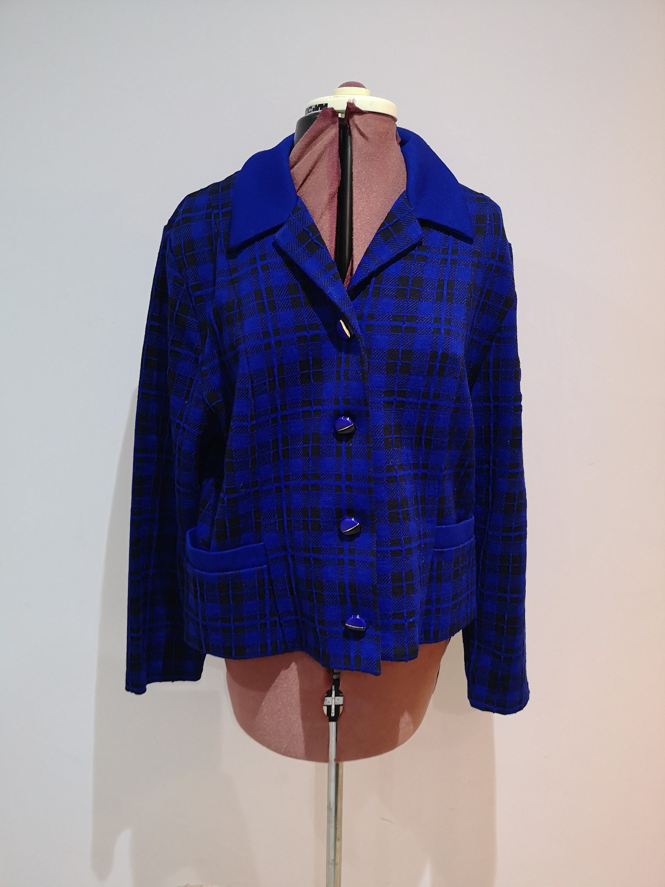 Image of A Vintage 's Richard Stump Cardigan, 's Blue Checked Cardigan. Checked Knitted Jacket. Clueless Uk