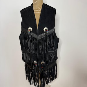 Black suede fringed waistcoat with silver conchos and beads, suede tassel vest, Size 10 - 12