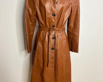 Leren trenchcoat uit de jaren 70, bruine leren jas uit de jaren 70. VK 8
