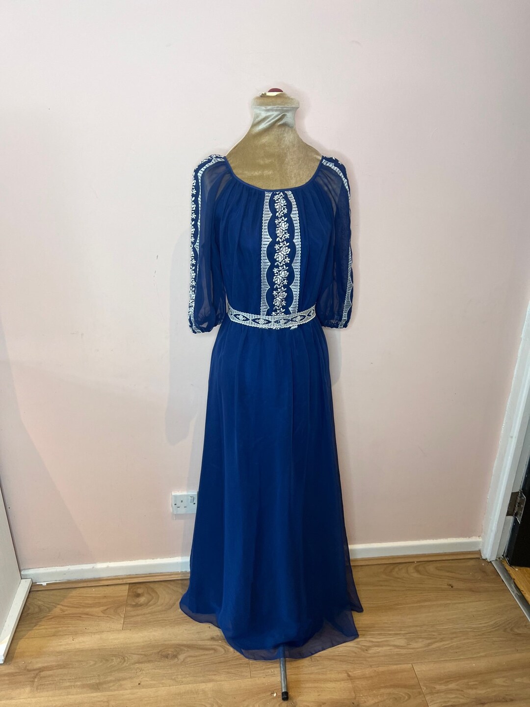 Vintage 1970's Blue Maxi Dress, 70's Embroidered Maxi Dress. UK 12 14 Etsy