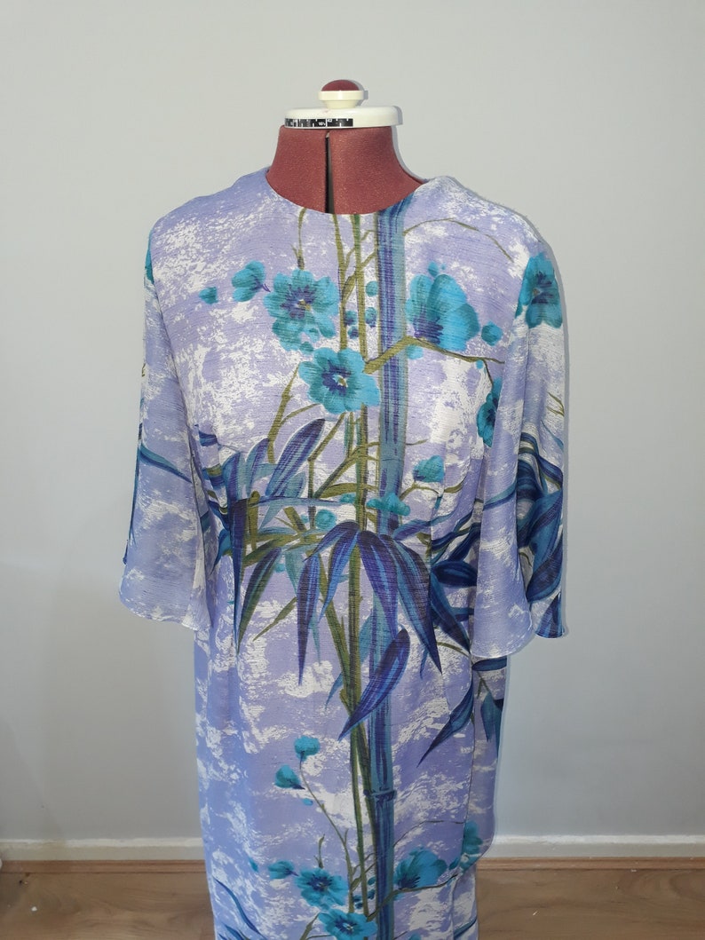 1960's Vintage dress maxi dress oriental dress oriental print bamboo print long shift dress blue dress 60's dress UK Size 14 image 4