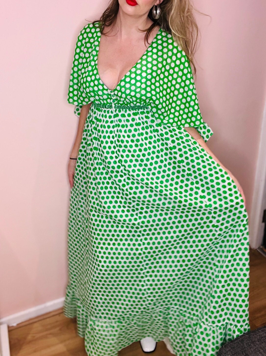 1970 年代のヴィンテージ、David Butler by Pressler の緑の水玉模様の