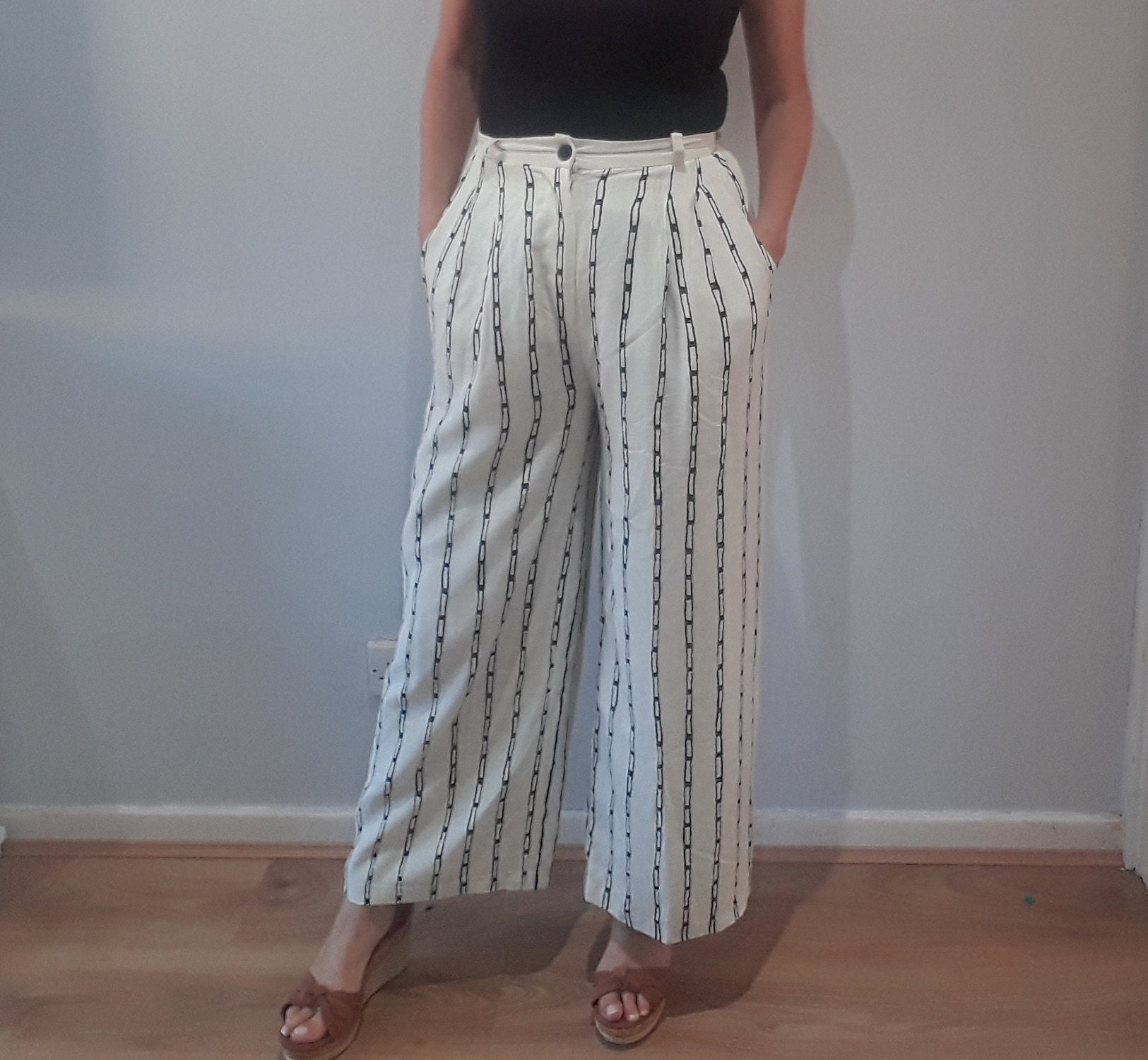 Image of Wide Leg Trouser, Freis Spirit By Diane Freis, Palazzo Pants, Summer, High Waisted, Striped, White, S, Vintage, Trousers Uk Size