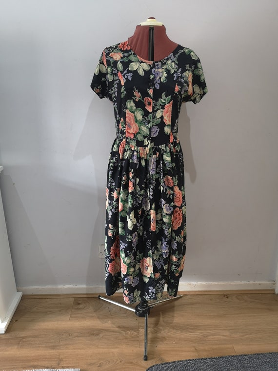 Vintage 1990's Floral Dress, 90's Shirt Dress, Button Front Midi Dress, UK 10
