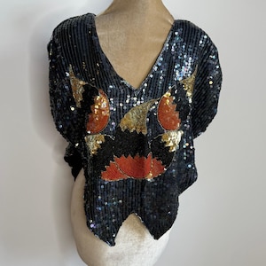 80s Sequin Batwing Top: Black & Gold Party Shirt - Size Small