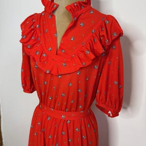 70&#39;s red floral maxi dress, prairie dress. UK 10