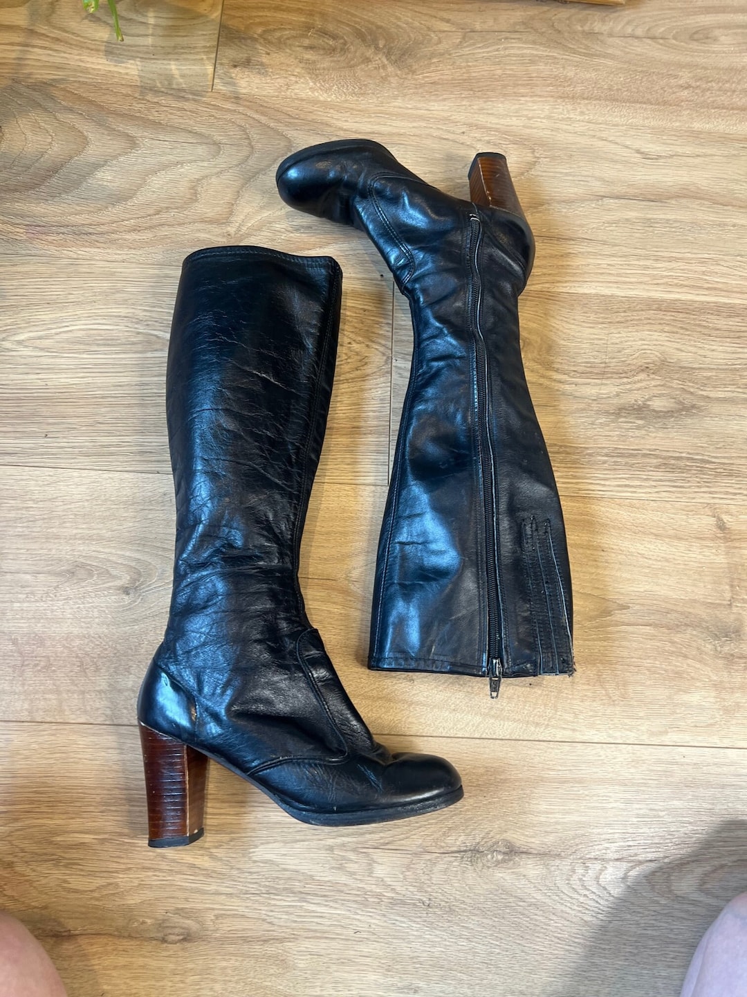 Vintage 70's Black Leather Gogo Boots With Wooden Heels. UK 3 Etsy