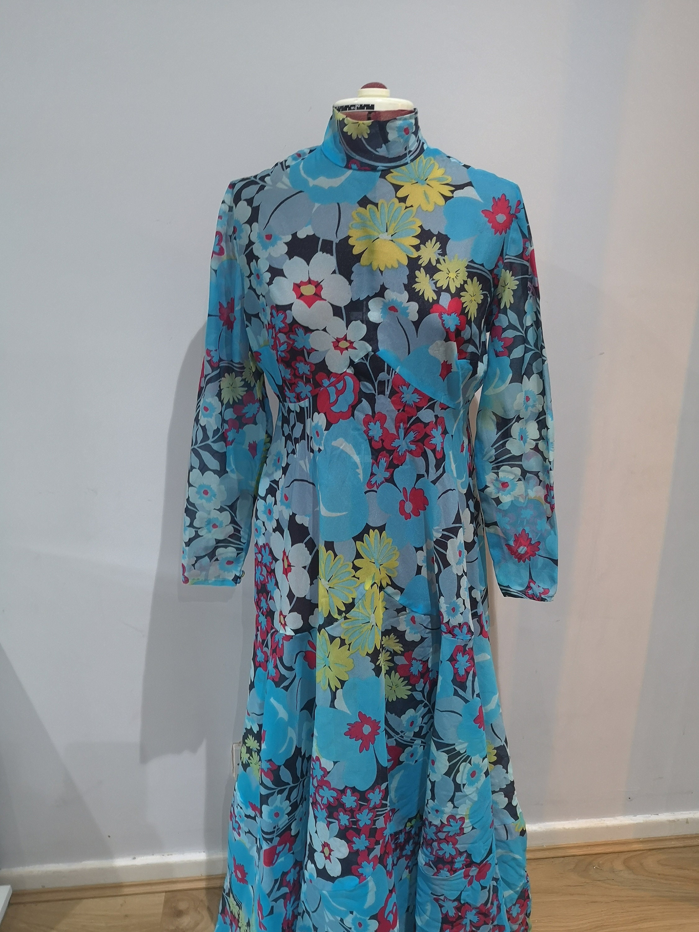 Image of 's Or 's Sheer Floral Maxi Dress, S Vintage Long Sleeve High Neck, Uk