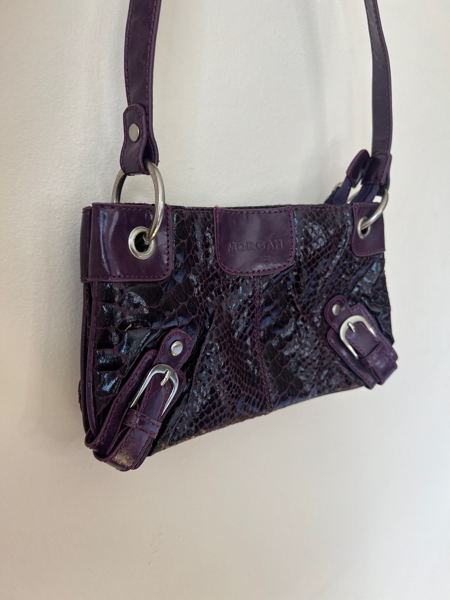 Y2K Morgan De Toi Baguette Handbag, Purple Croc Effect Handbag