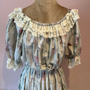 Vintage handmade off the shoulder dress, romantic floral and lace dress. UK 8 - 10