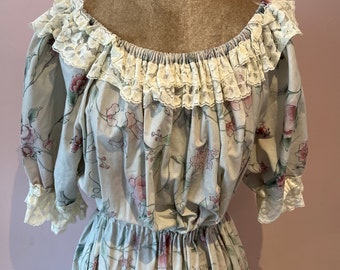 Vintage handmade off the shoulder dress, romantic floral and lace dress. UK 8 - 10