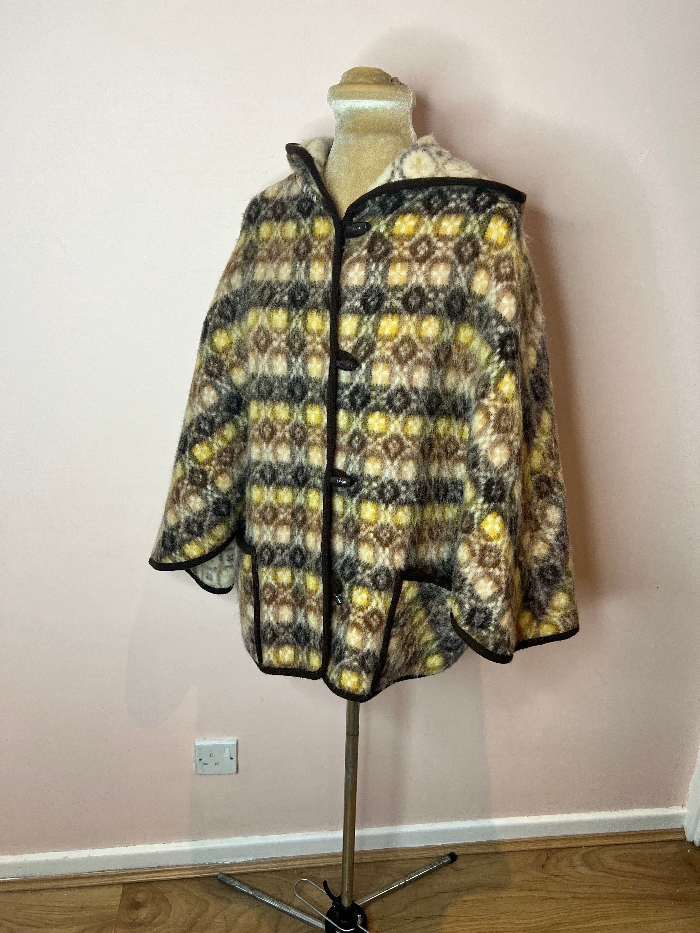 Vintage 1960's Welsh Wool Hooded Cape, Brushed Wool Cape With Hood