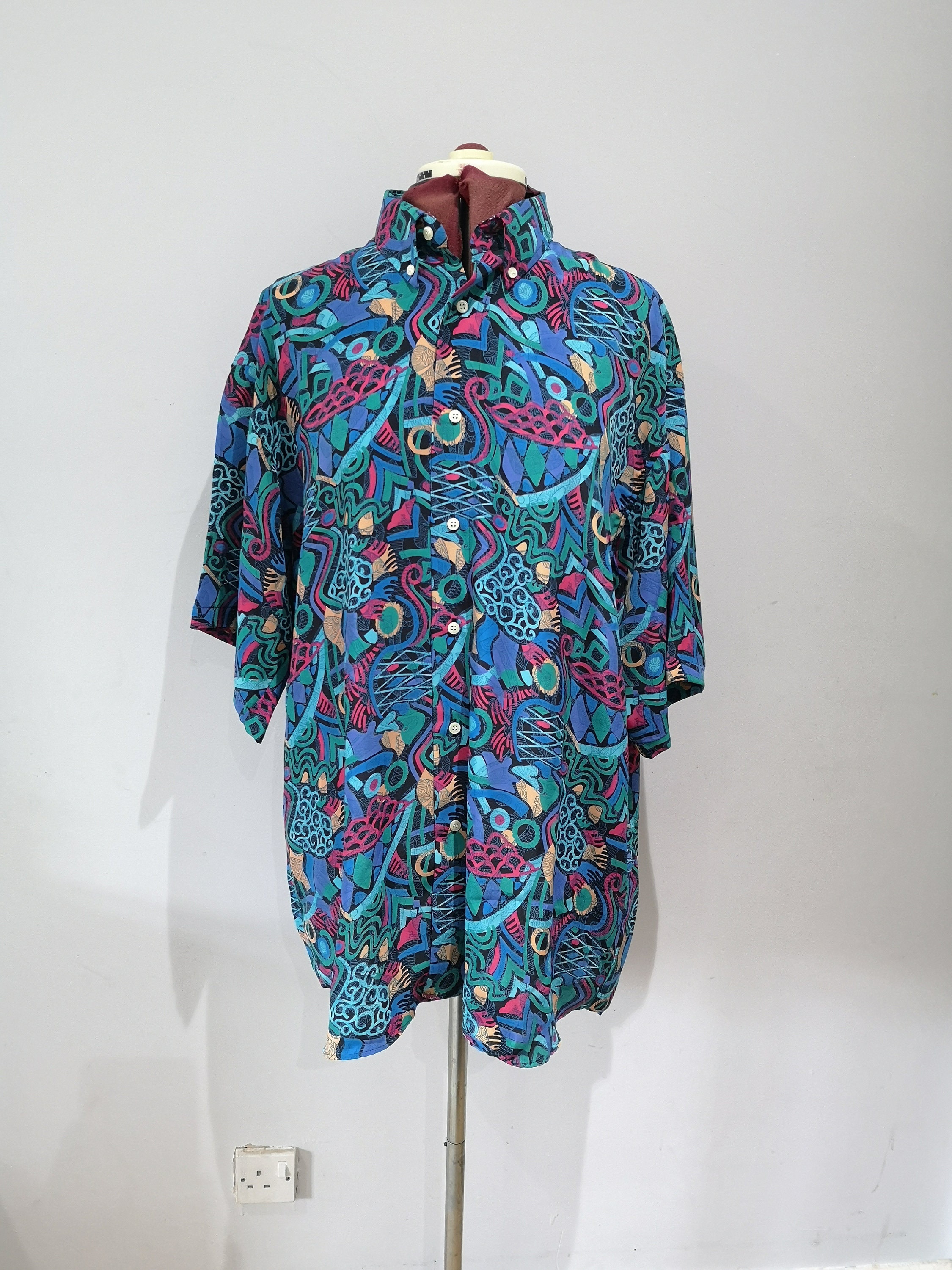Image of Vintage 80's 90's Men's Printed Shirt, Pierre Cardin, Jazzy Print 1980's Short Sleeve Patterned Shirt. Size Xl