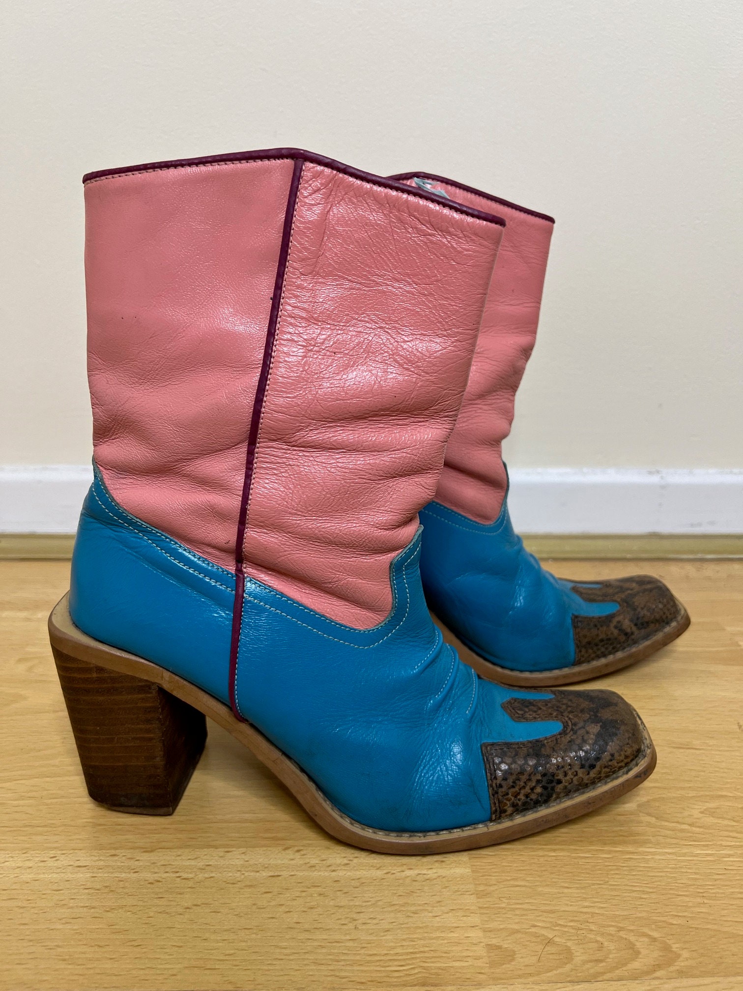 Vintage Y2K Pink and Blue Cowboy Boots, Colourful Western Boots