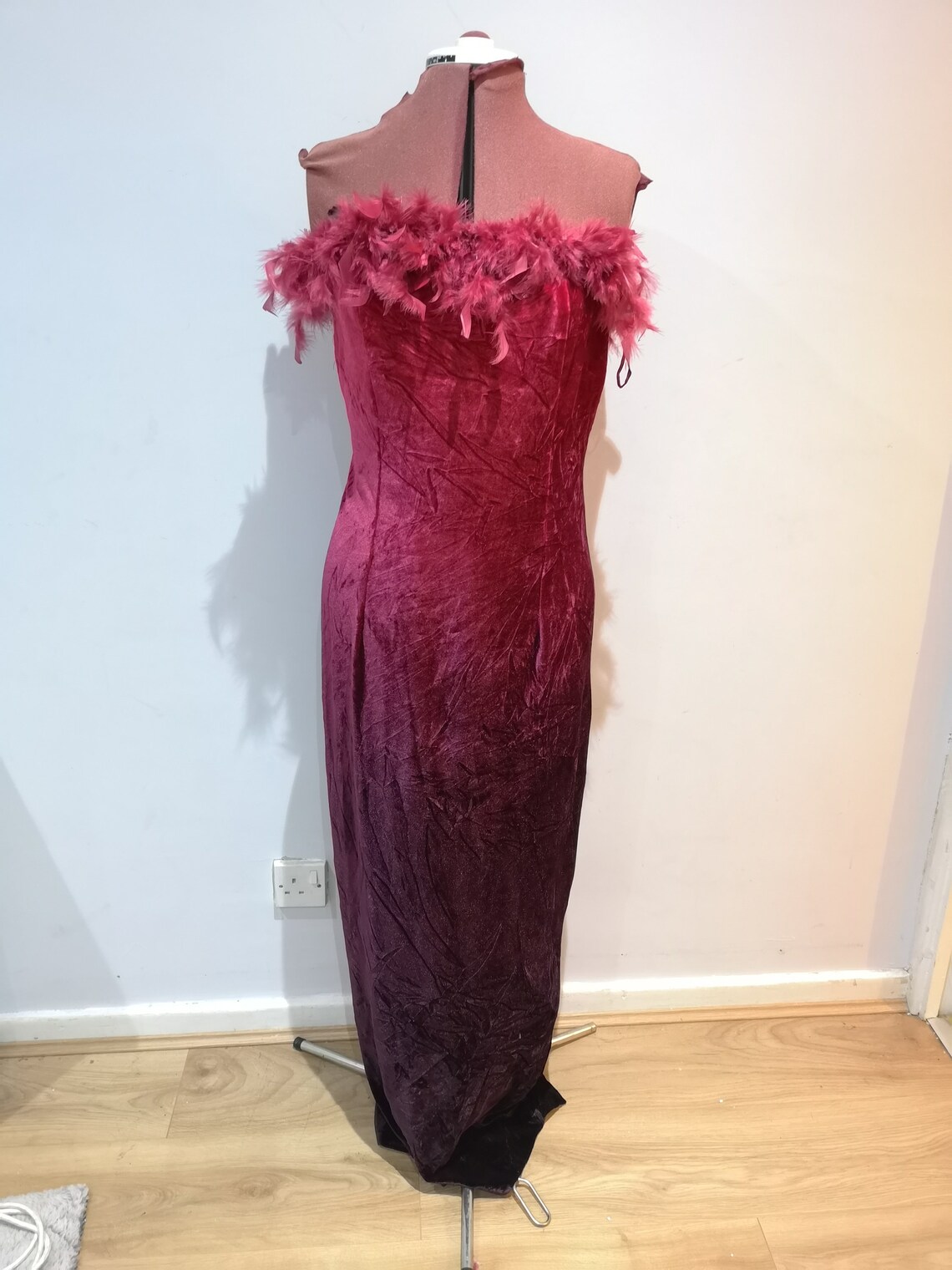 feather trim strapless gown