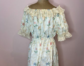 Vintage handmade off the shoulder dress, romantic floral and lace dress. UK 10 - 12