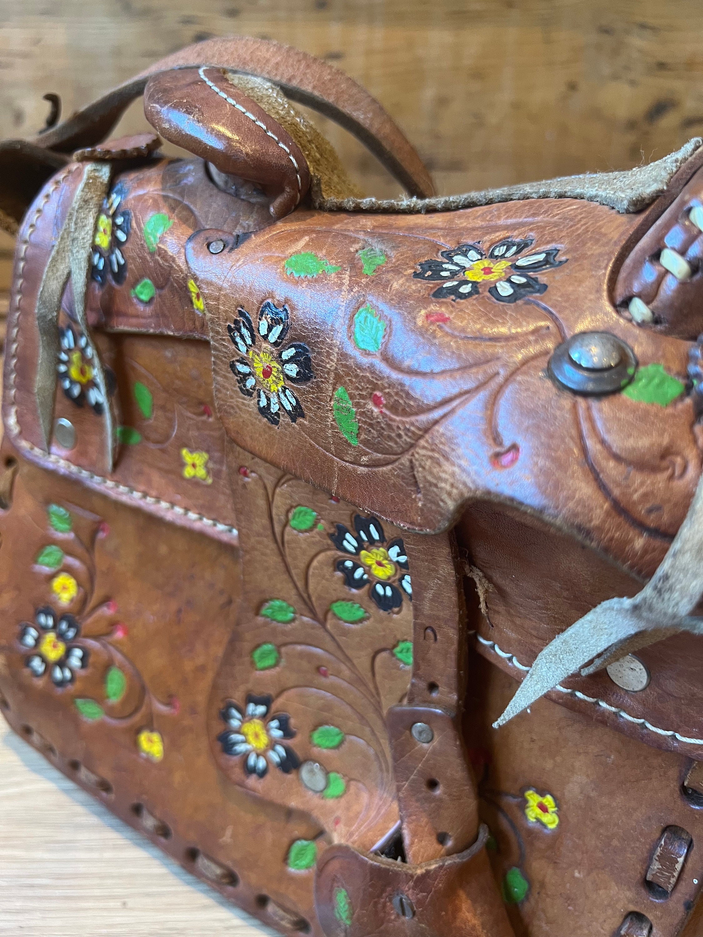 Vintage 70's Tooled Leather Horse Saddle Bag Floral Etsy
