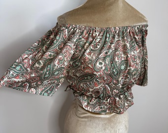 70's off the shoulder floral crop top, boho bardot top. UK 6 - 8